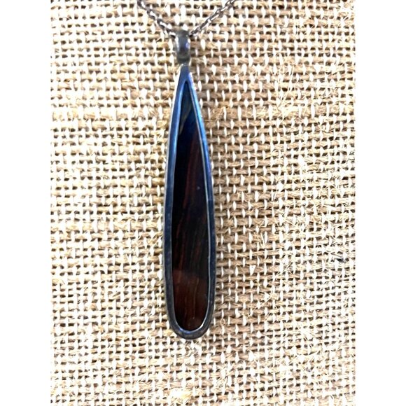 Karibou 925 Sterling Silver Necklace Boho Wood Teardrop Pendant 2" Used - Picture 3 of 8